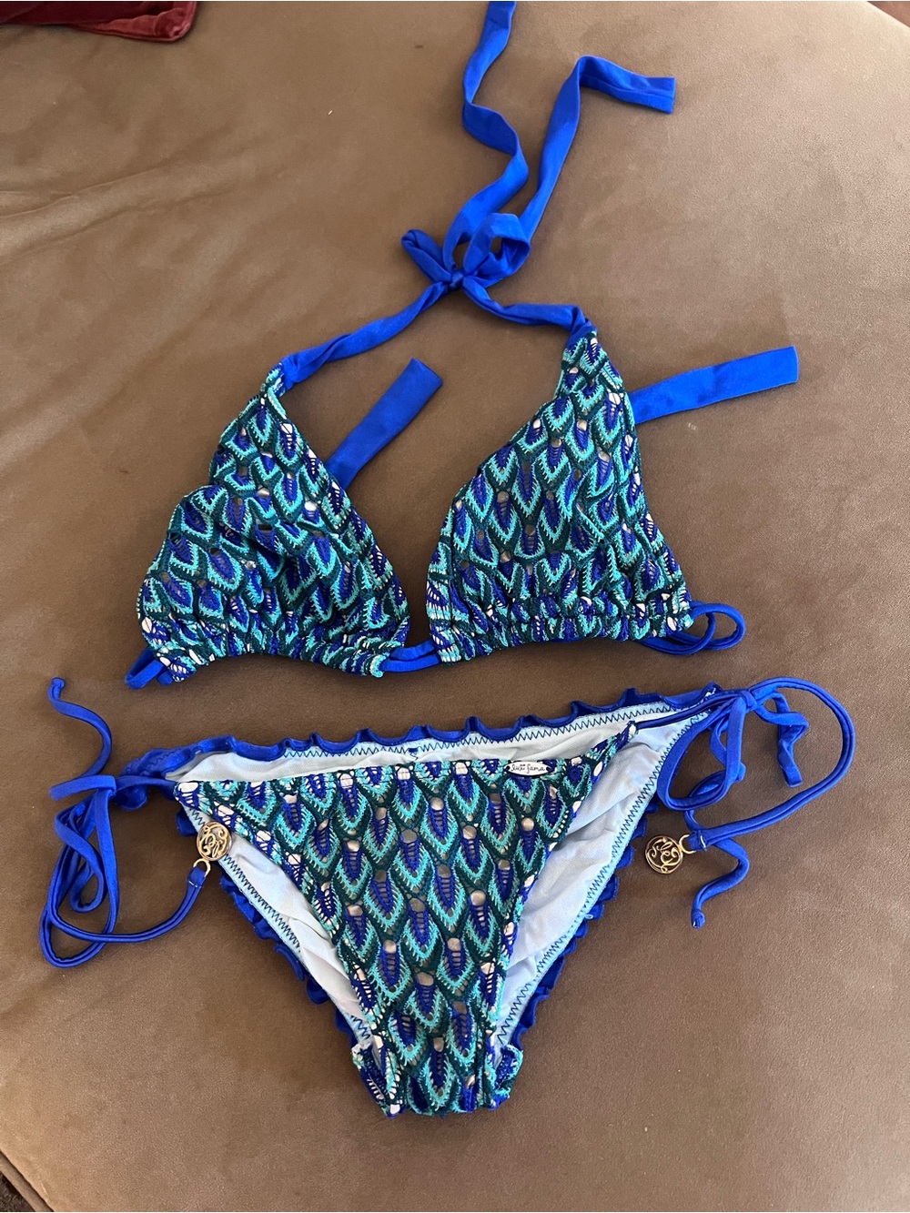 Luli Fama Blue Peacock-Print Tie Bikini Set